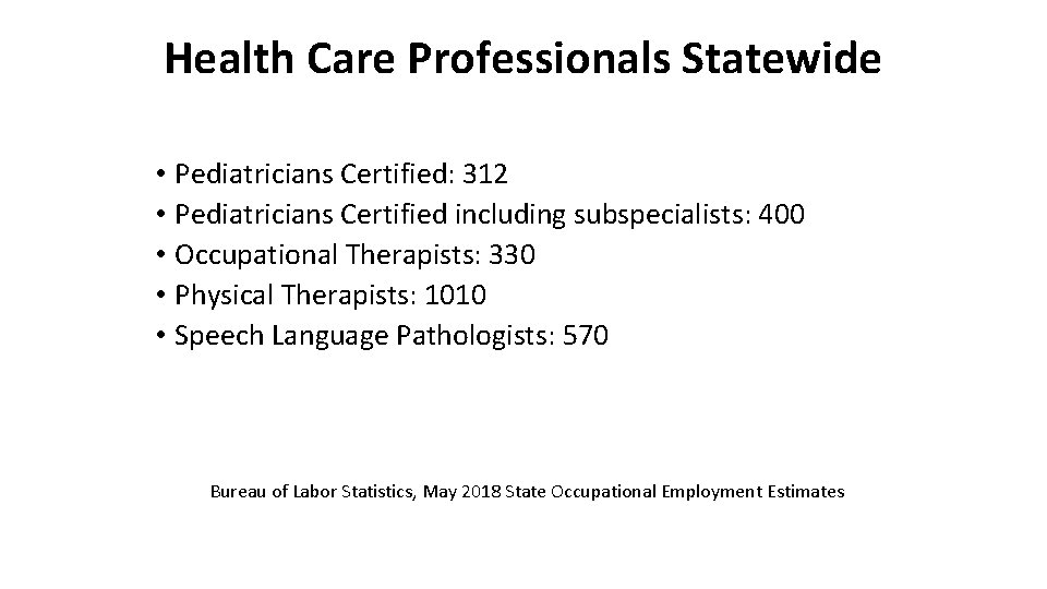 Health Care Professionals Statewide • Pediatricians Certified: 312 • Pediatricians Certified including subspecialists: 400