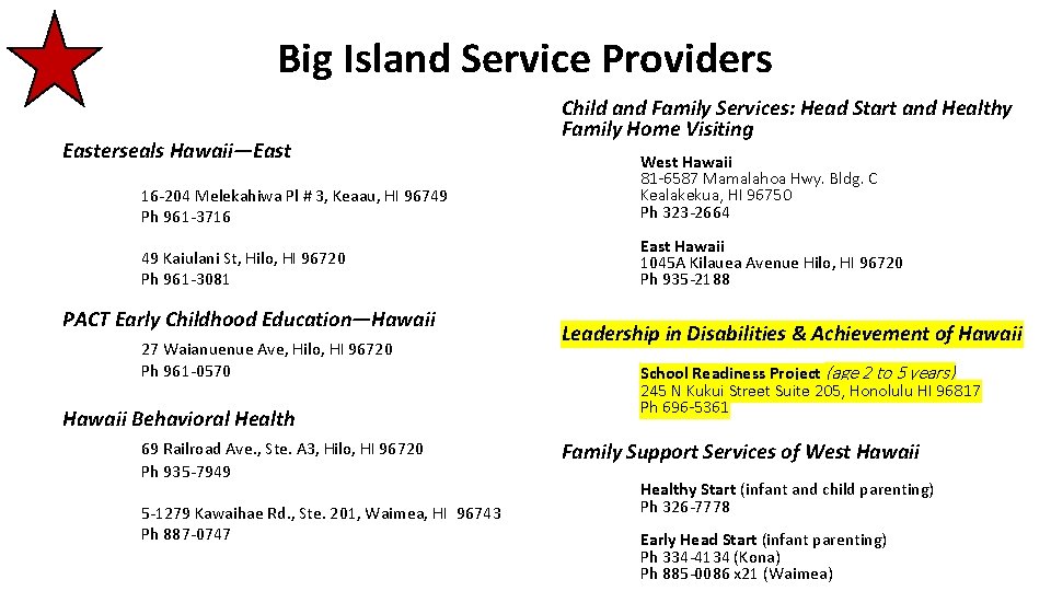 Big Island Service Providers Easterseals Hawaii—East Child and Family Services: Head Start and Healthy