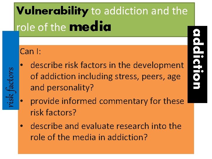 risk factors Can I: • describe risk factors in the development of addiction including