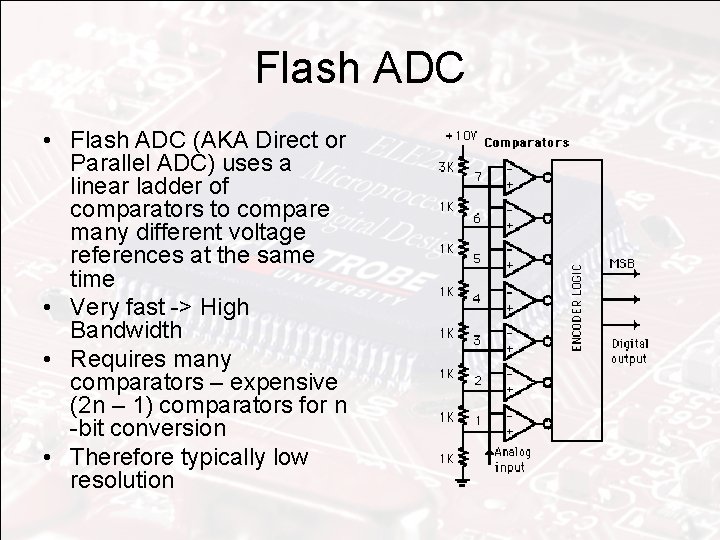 Flash ADC • Flash ADC (AKA Direct or Parallel ADC) uses a linear ladder