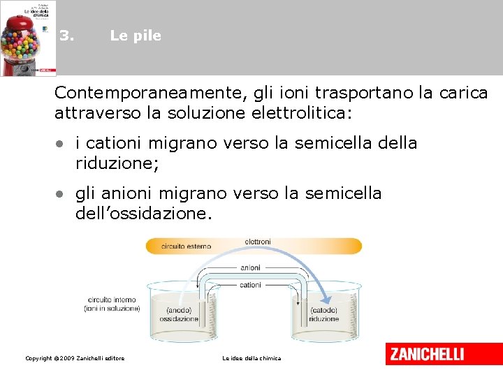 3. Le pile Contemporaneamente, gli ioni trasportano la carica attraverso la soluzione elettrolitica: •