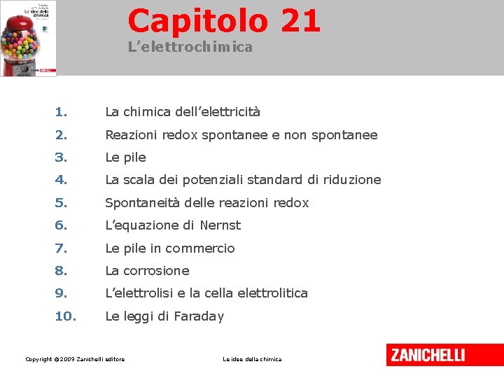 Capitolo 21 L’elettrochimica 1. La chimica dell’elettricità 2. Reazioni redox spontanee e non spontanee