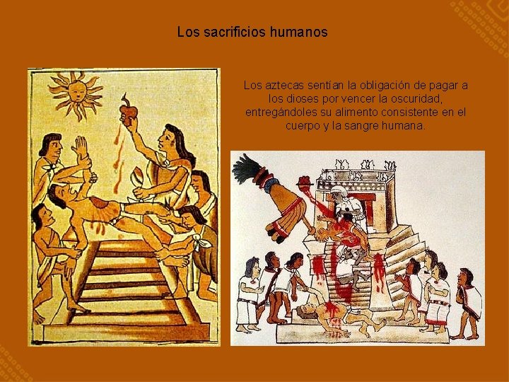 Los sacrificios humanos Los aztecas sentían la obligación de pagar a los dioses por