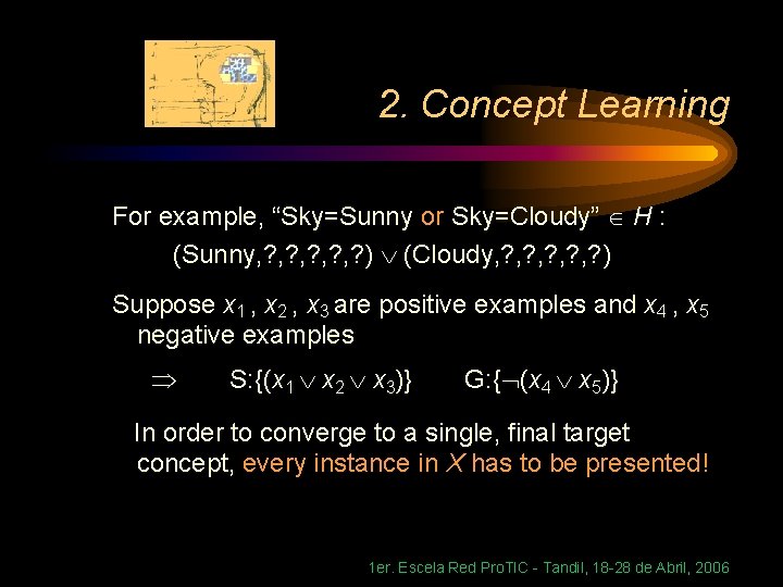 2. Concept Learning For example, “Sky=Sunny or Sky=Cloudy” H : (Sunny, ? , ?