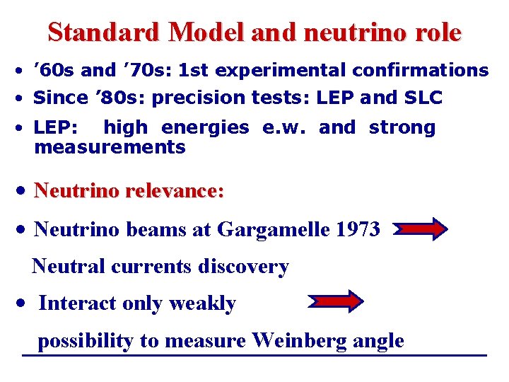 Standard Model and neutrino role • ’ 60 s and ’ 70 s: 1