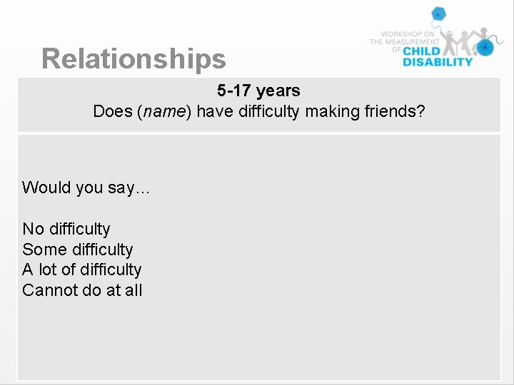 Relationships 5 -17 years Does (name) have difficulty making friends? Would you say… No