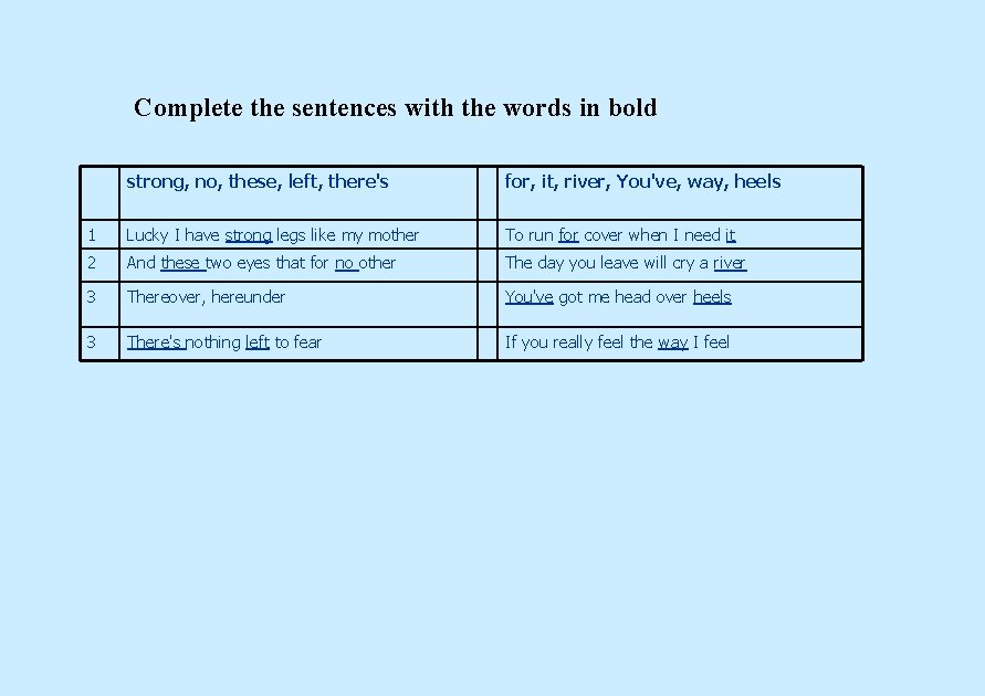 Complete the sentences with the words in bold strong, no, these, left, there's for,