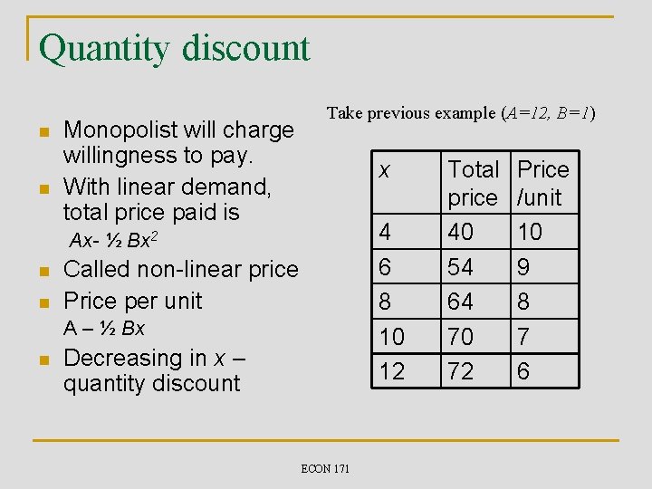 Quantity discount n n Monopolist will charge willingness to pay. With linear demand, total