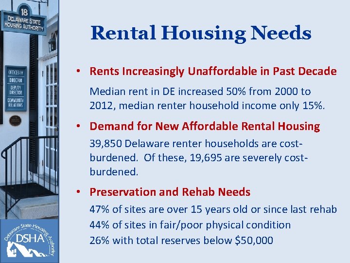 Rental Housing Needs • Rents Increasingly Unaffordable in Past Decade Median rent in DE