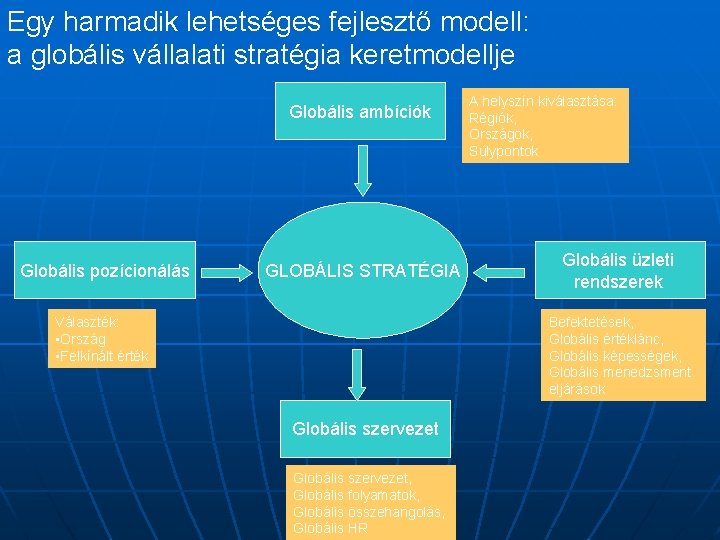 Egy harmadik lehetséges fejlesztő modell: a globális vállalati stratégia keretmodellje Globális ambíciók Globális pozícionálás