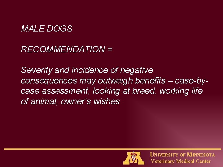 MALE DOGS RECOMMENDATION = Severity and incidence of negative consequences may outweigh benefits –