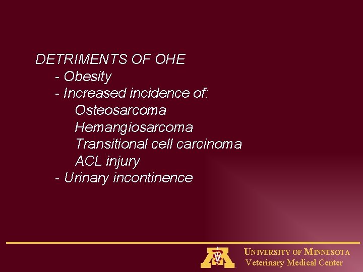 DETRIMENTS OF OHE - Obesity - Increased incidence of: Osteosarcoma Hemangiosarcoma Transitional cell carcinoma