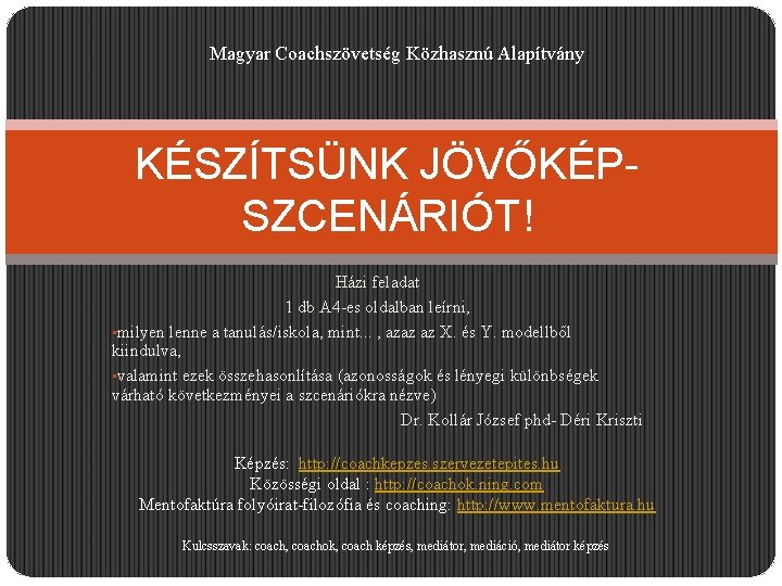 Magyar Coachszövetség Közhasznú Alapítvány KÉSZÍTSÜNK JÖVŐKÉPSZCENÁRIÓT! Házi feladat 1 db A 4 -es oldalban