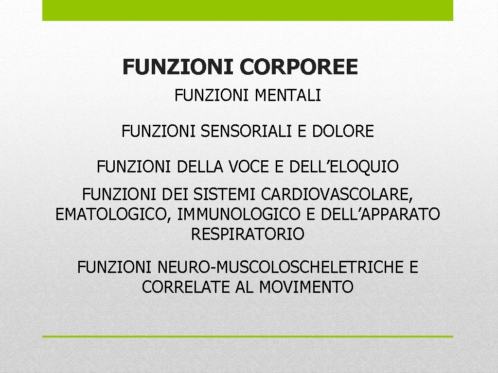 FUNZIONI CORPOREE FUNZIONI MENTALI FUNZIONI SENSORIALI E DOLORE FUNZIONI DELLA VOCE E DELL’ELOQUIO FUNZIONI