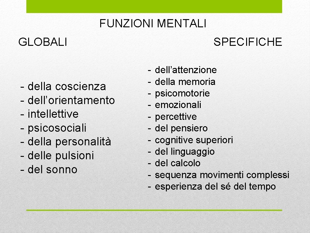 FUNZIONI MENTALI GLOBALI - della coscienza - dell’orientamento - intellettive - psicosociali - della