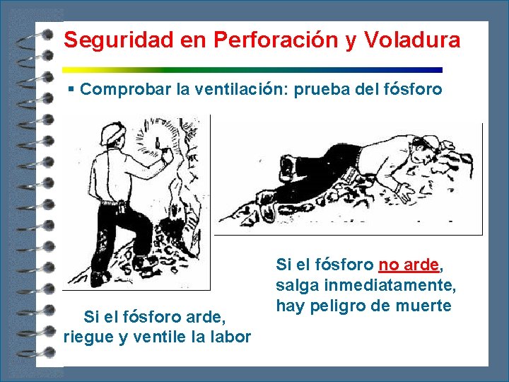 Seguridad en Perforación y Voladura § Comprobar la ventilación: prueba del fósforo Si el