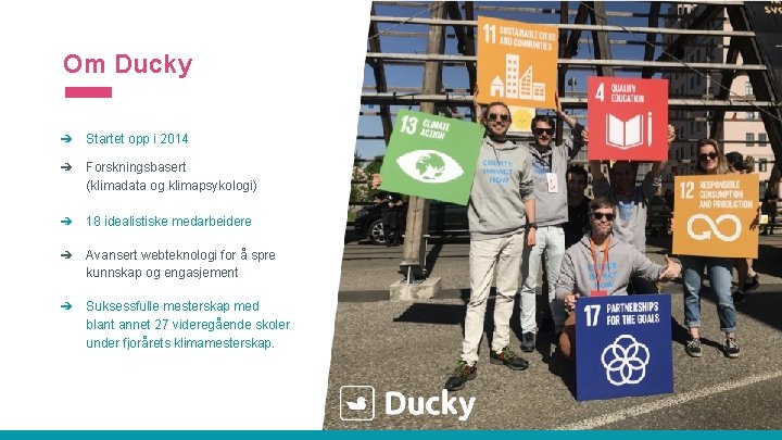 Om Ducky ➔ Startet opp i 2014 ➔ Forskningsbasert (klimadata og klimapsykologi) ➔ 18