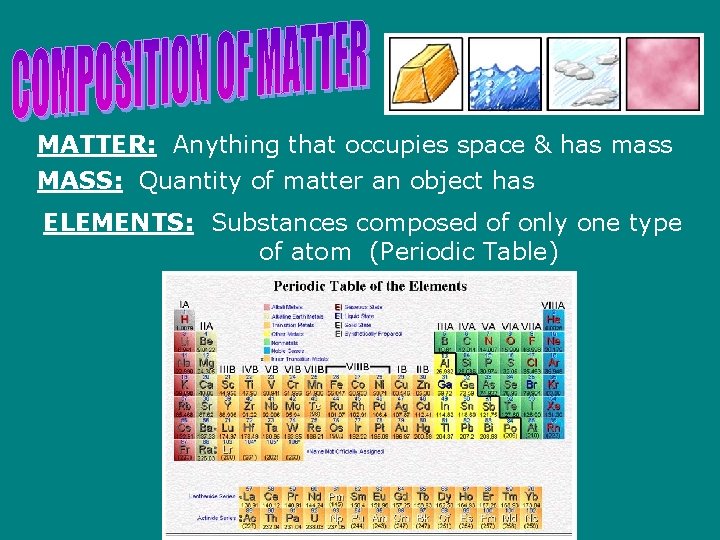 MATTER: Anything that occupies space & has mass MASS: Quantity of matter an object