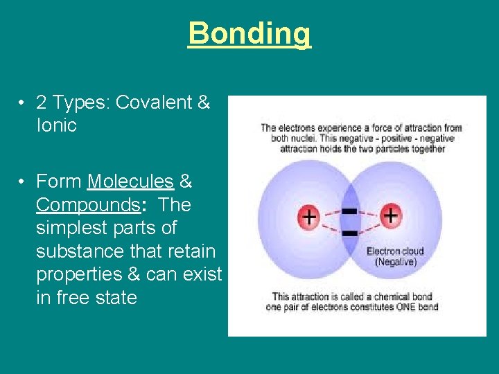 Bonding • 2 Types: Covalent & Ionic • Form Molecules & Compounds: The simplest