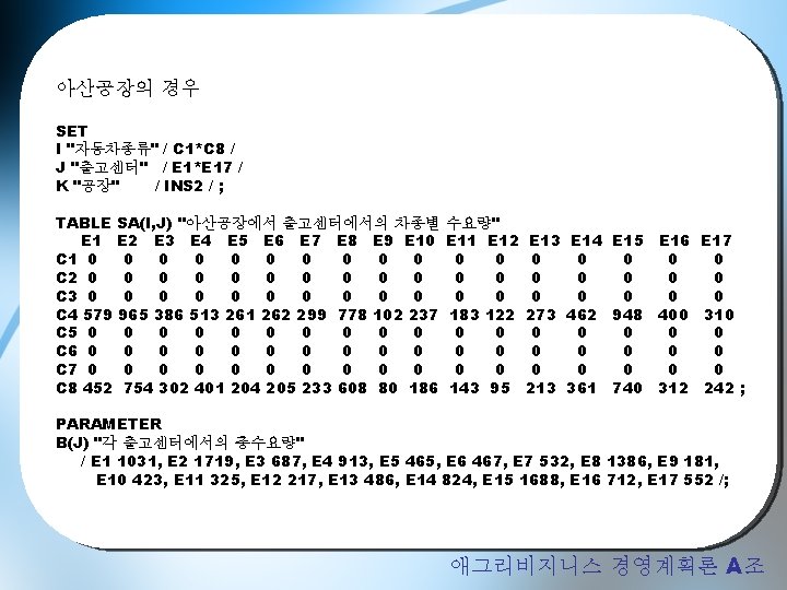 아산공장의 경우 SET I "자동차종류" / C 1*C 8 / J "출고센터" / E