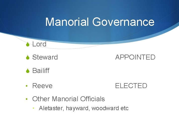 Manorial Governance S Lord S Steward APPOINTED S Bailiff • Reeve ELECTED • Other