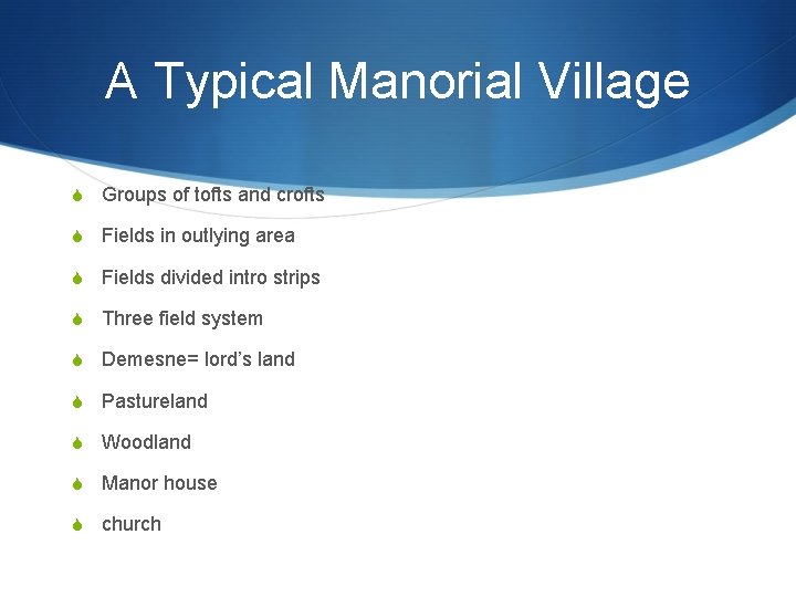 A Typical Manorial Village S Groups of tofts and crofts S Fields in outlying