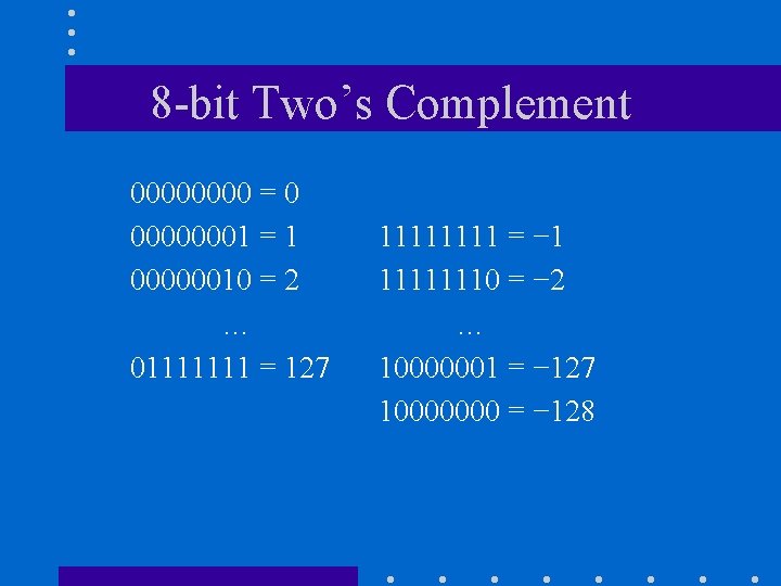 8 -bit Two’s Complement 0000 = 0 00000001 = 1 00000010 = 2 …