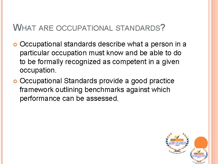 WHAT ARE OCCUPATIONAL STANDARDS? Occupational standards describe what a person in a particular occupation