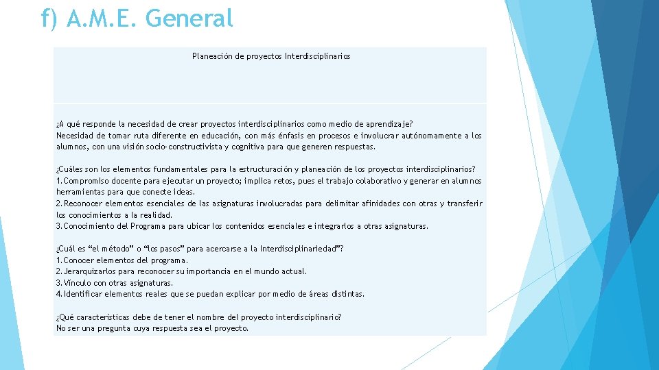 f) A. M. E. General Planeación de proyectos Interdisciplinarios ¿A qué responde la necesidad