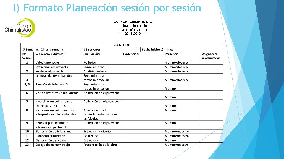 l) Formato Planeación sesión por sesión COLEGIO CHIMALISTAC Instrumento para la Planeación General 2018