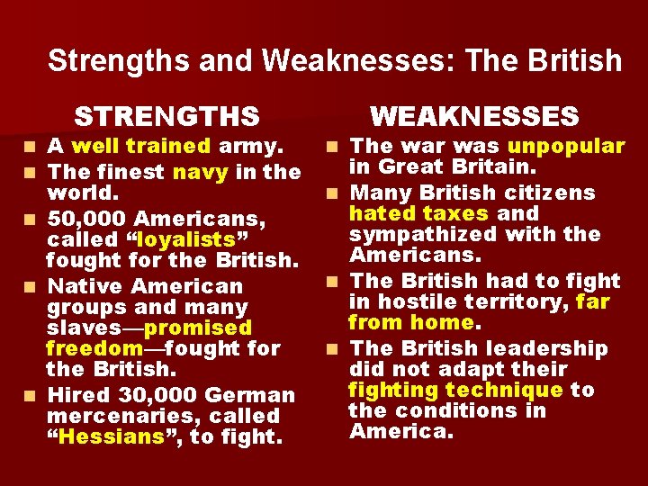 Strengths and Weaknesses: The British STRENGTHS A well trained army. The finest navy in