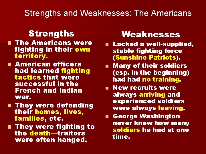 Strengths and Weaknesses: The Americans Strengths n n The Americans were fighting in their