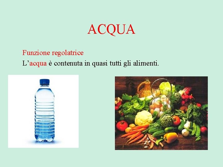 ACQUA Funzione regolatrice L’acqua è contenuta in quasi tutti gli alimenti. ACQUA Funzione regolatrice L’acqua è contenuta in quasi tutti gli alimenti.