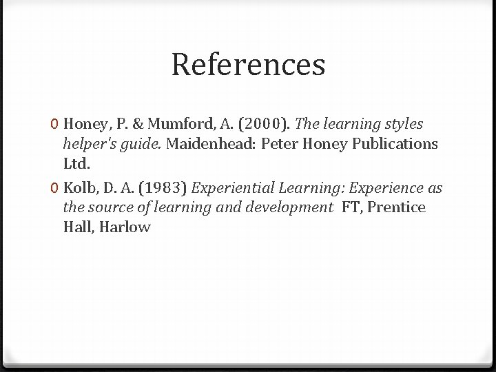 References 0 Honey, P. & Mumford, A. (2000). The learning styles helper's guide. Maidenhead: