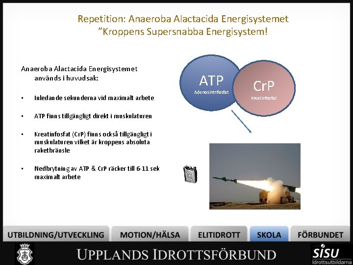 Repetition: Anaeroba Alactacida Energisystemet ”Kroppens Supersnabba Energisystem! Anaeroba Alactacida Energisystemet används i huvudsak: •