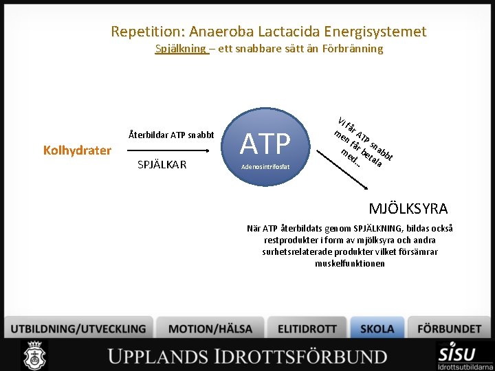 Repetition: Anaeroba Lactacida Energisystemet Spjälkning – ett snabbare sätt än Förbränning Återbildar ATP snabbt
