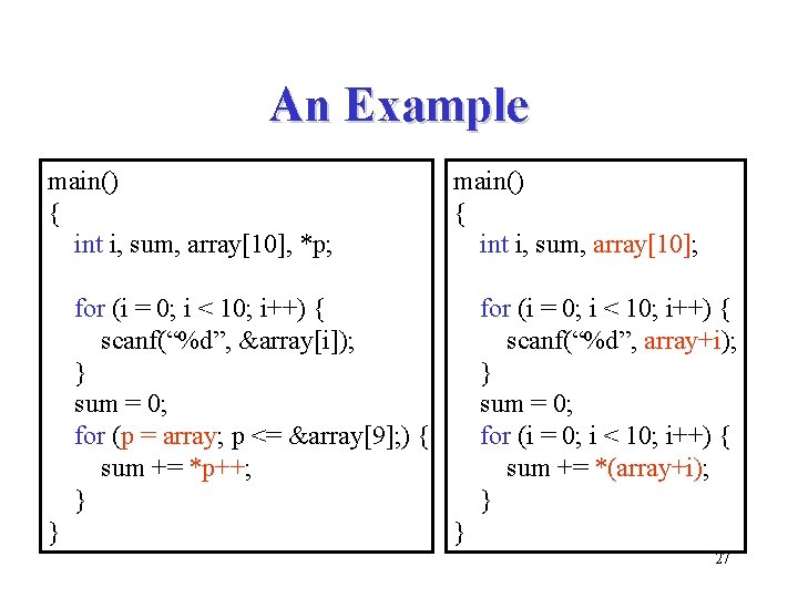 An Example main() { int i, sum, array[10], *p; main() { int i, sum,