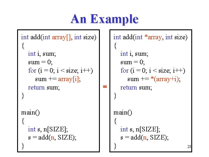 An Example int add(int array[], int size) int add(int *array, int size) { {