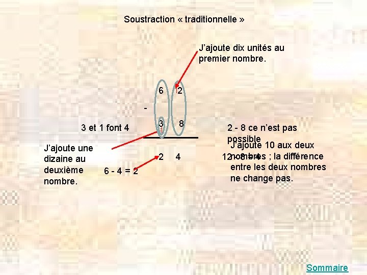 Soustraction « traditionnelle » J’ajoute dix unités au premier nombre. 6 12 3 8