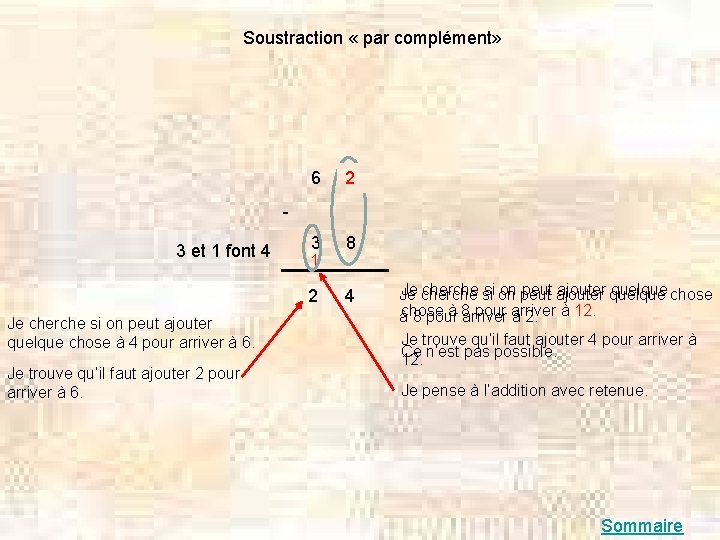 Soustraction « par complément» 6 22 3 8 2 4 3 et 1 font