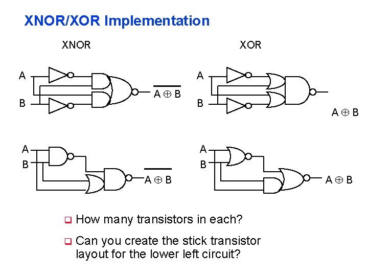 XNOR/XOR Implementation XNOR XOR A A A B B A B A B q