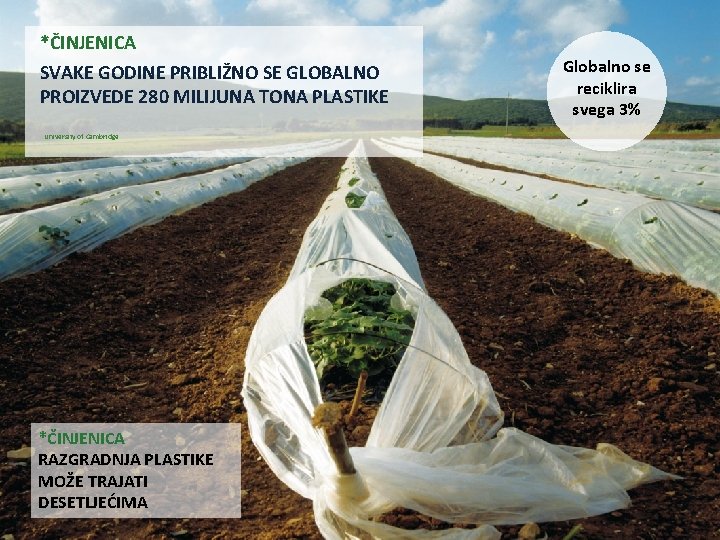 *ČINJENICA SVAKE GODINE PRIBLIŽNO SE GLOBALNO PROIZVEDE 280 MILIJUNA TONA PLASTIKE University of Cambridge