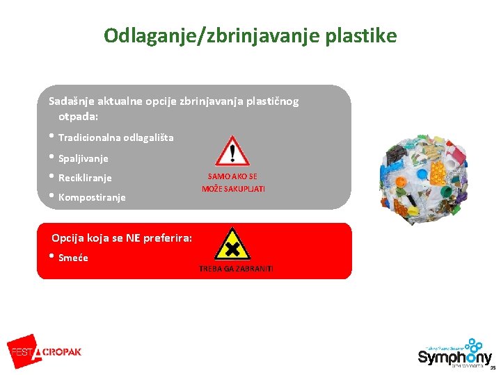 Odlaganje/zbrinjavanje plastike Sadašnje aktualne opcije zbrinjavanja plastičnog otpada: • Tradicionalna odlagališta • Spaljivanje •