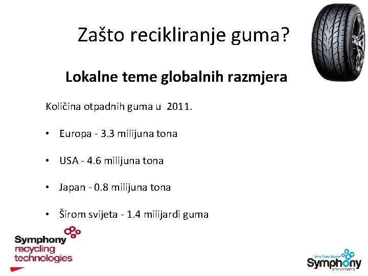 Zašto recikliranje guma? Lokalne teme globalnih razmjera Količina otpadnih guma u 2011. • Europa