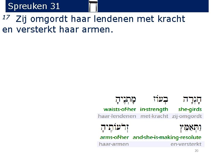 Spreuken 31 Zij omgordt haar lendenen met kracht en versterkt haar armen. 17 20