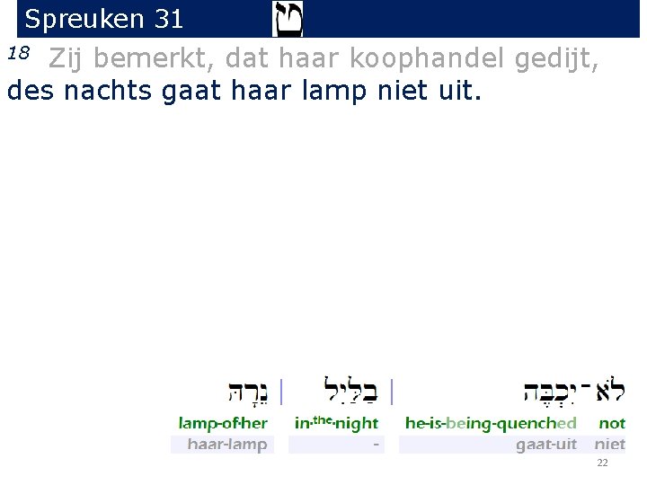 Spreuken 31 Zij bemerkt, dat haar koophandel gedijt, des nachts gaat haar lamp niet