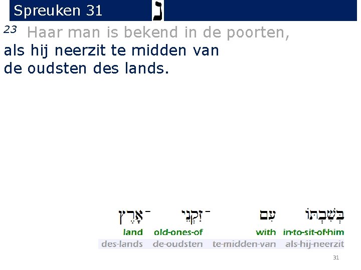 Spreuken 31 Haar man is bekend in de poorten, als hij neerzit te midden