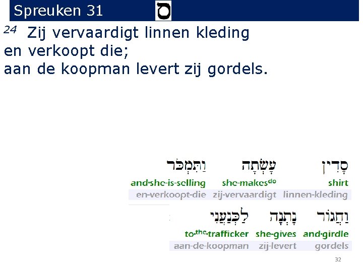 Spreuken 31 Zij vervaardigt linnen kleding en verkoopt die; aan de koopman levert zij