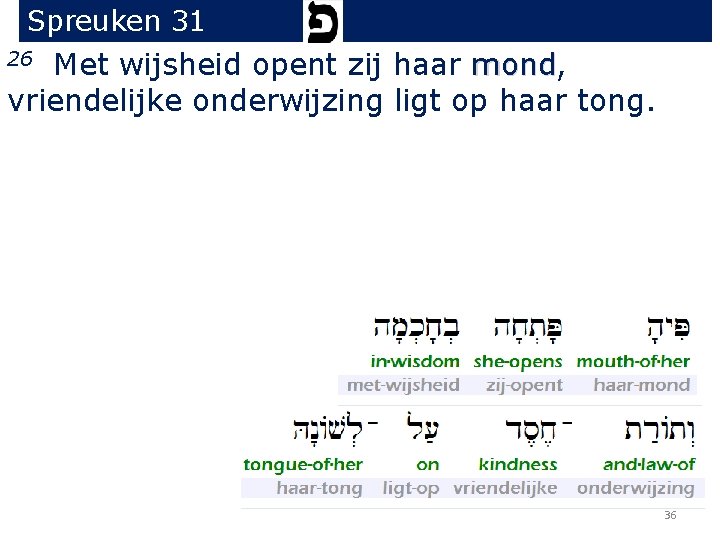 Spreuken 31 Met wijsheid opent zij haar mond, mond vriendelijke onderwijzing ligt op haar