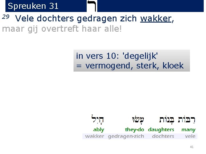 Spreuken 31 Vele dochters gedragen zich wakker, maar gij overtreft haar alle! 29 in